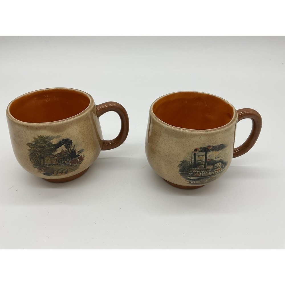 Stoneware Coffee Mugs Set Of 2 Beige Train Steamboat Graphic Unmarked‎ VTG
